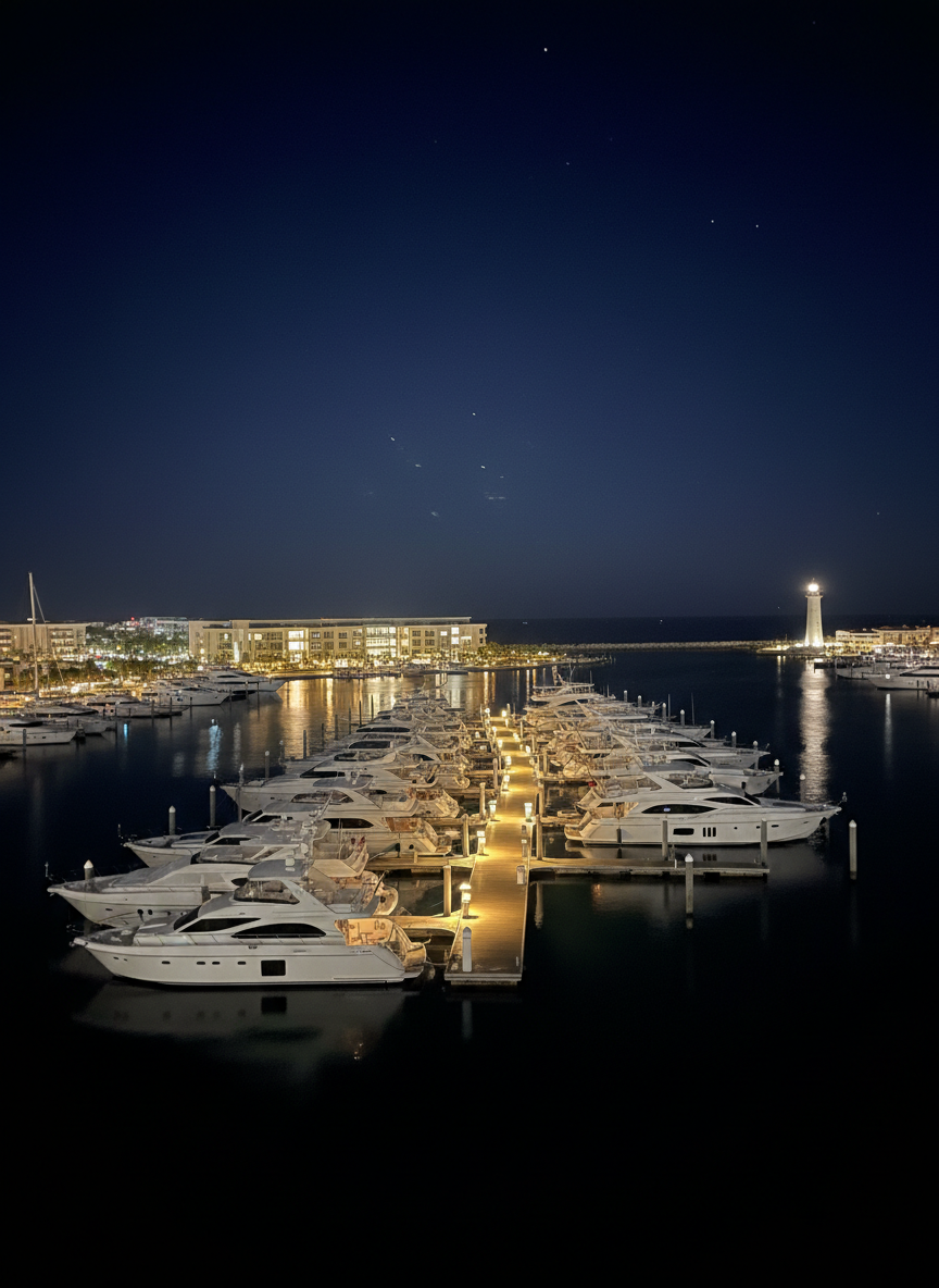 A refined nighttime harbor scene at Nassau, captured from a high vantage point in detailed photographic realism. Gleaming white yachts and sleek charter boats are moored along illuminated piers, their hulls reflecting on the gently rippled indigo water. Discreet dock lights cast pools of warm amber, while the background reveals a clean line of modern low-rise buildings and a softly lit lighthouse in the distance. The sky is a deep, clear navy with a scattering of visible stars. The composition uses a wide-angle view with leading lines formed by the docks, drawing the eye from the foreground boats to the horizon. The overall mood is sophisticated, secure, and quietly vibrant, perfect for showcasing premium arrival, departure, and after-hours concierge coordination in The Bahamas.
