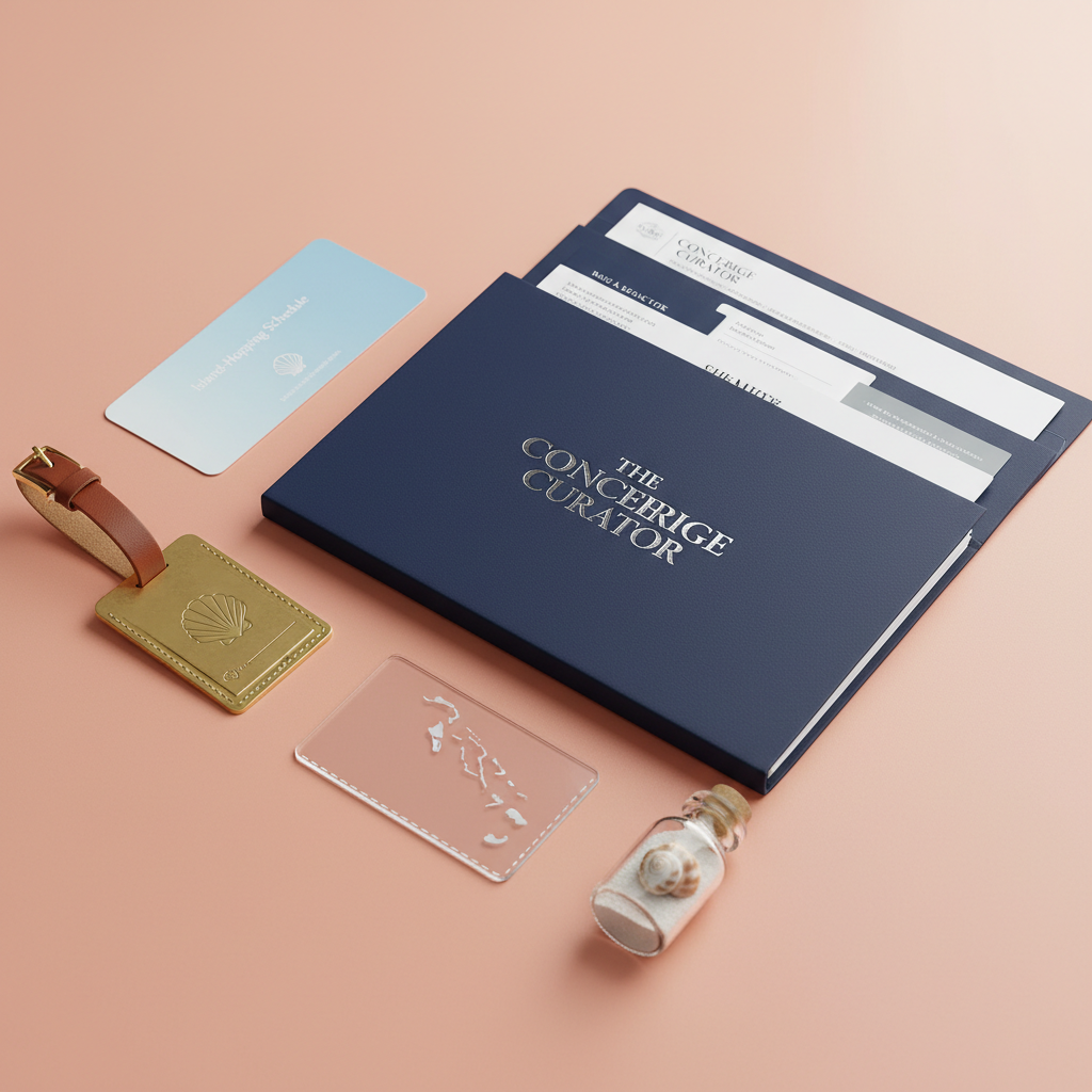 A close-up photographic image of a curated Bahamas essentials welcome kit neatly arranged on a smooth, light coral-colored surface. A custom-branded navy folder embossed with “The Concierge Curator” in silver foil is slightly open to reveal organized travel and business documents. Beside it lies a slim laminated island-hopping schedule, a polished brass luggage tag engraved with a stylized conch shell, and a clear acrylic keycard sleeve imprinted with a subtle map of the islands. A small glass bottle of local sand and a delicately patterned shell add Bahamian character without clutter. Soft, directional studio lighting from the upper right creates clean highlights and precise shadows, showcasing texture and quality. Shot from above with tight framing and shallow depth at the edges, the mood is polished, bespoke, and reassuringly professional.
