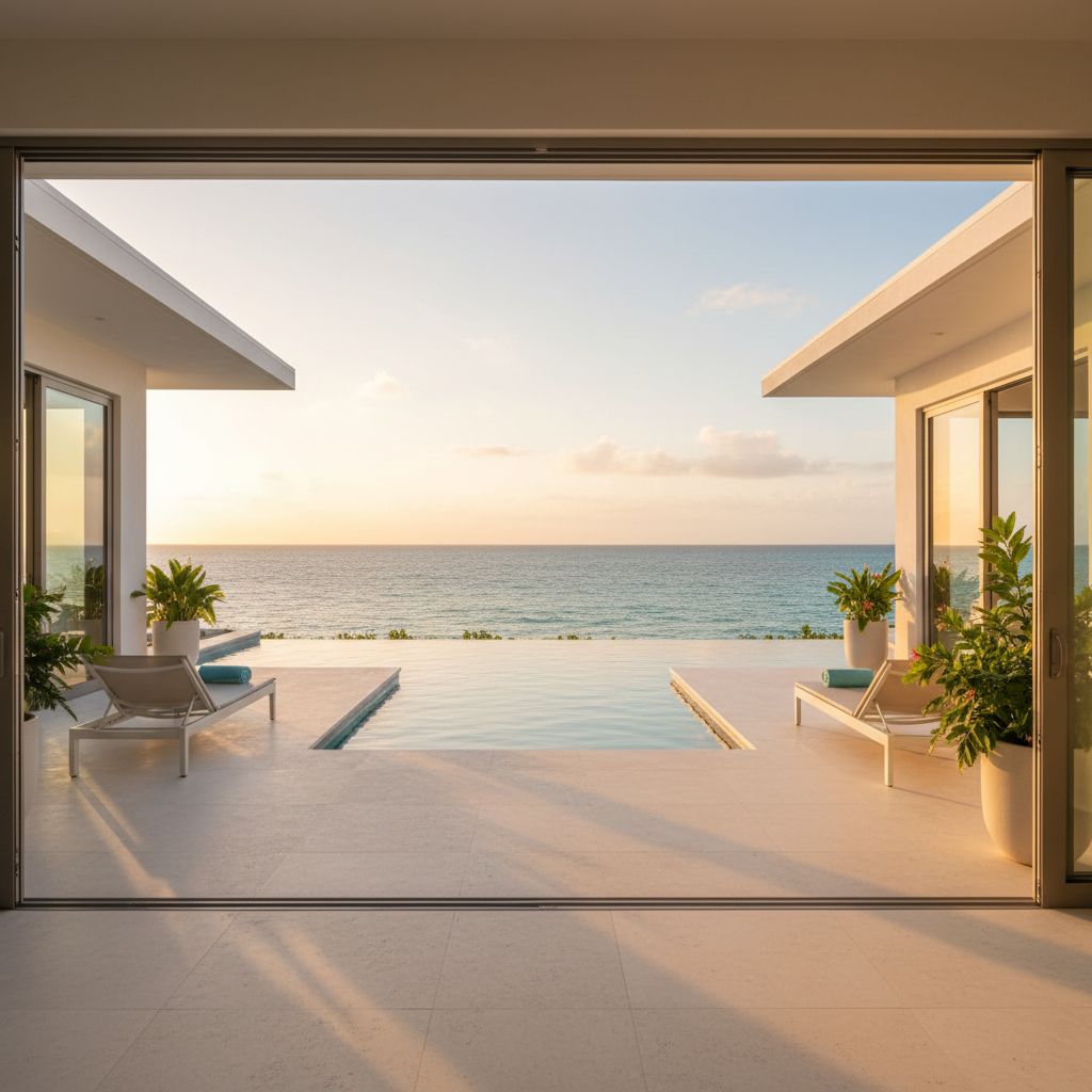 A luxurious Bahamian oceanfront villa exterior at golden hour, captured in photographic realism. The modern white stucco building with large glass sliding doors opens to a spacious terrace of smooth limestone tiles, leading to a private infinity pool that visually merges with the turquoise sea beyond. Tastefully arranged sun loungers with rolled teal towels face the horizon, and potted tropical plants frame the edges. Warm, low-angle sunlight washes the scene in a gentle amber glow, creating soft, elongated shadows and subtle reflections on the pool’s surface. The composition is eye-level with a slightly wide angle, emphasizing depth from terrace to horizon. The mood is serene, exclusive, and aspirational, ideal for communicating premium stays and curated villa experiences in The Bahamas.