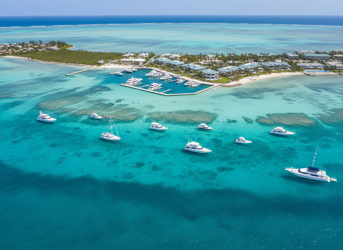 A sweeping aerial photographic view of a turquoise Bahamian bay, with a mosaic of shallow sandbars and deeper cobalt channels clearly visible beneath crystal-clear water. In the foreground, sleek white yachts and small charter boats are anchored in a natural crescent, each casting crisp shadows onto the sandy seabed. The distant shoreline shows a modern marina, manicured palms, and low-rise luxury buildings with clean white facades and teal roofs. Captured at midday with bright, even sunlight, the colors are vivid yet refined. The composition uses the rule of thirds, emphasizing the water’s gradients and the organized marina, creating a professional, aspirational mood ideal for a premium travel and business concierge brand, in polished photographic realism.